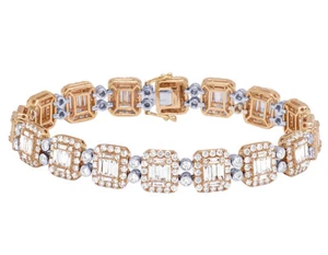 14K Two Tone Gold Real Diamond Baguette Halo Bracelet 8" 11MM 12 3/4CT - Picture 1 of 5