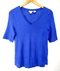 Nicole Miller Top Womens Small Blue 100% Linen Shirt V Neck Short Sleeve