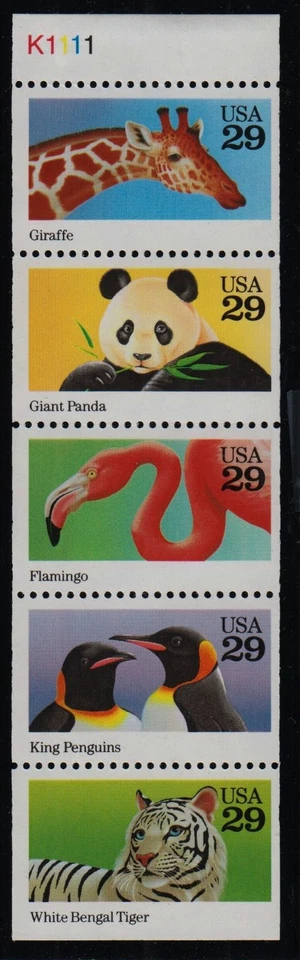 1992 Wild Animals Sc 2709a NEVER FOLDED PANE MNH Plate No K1111 giraffe penguin - Image 1 of 1