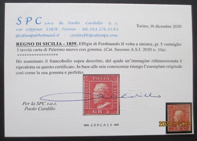 Italia Sicilia 1859 - Sass # 10a - 5 gr Vermillion - CV £1436 + Certificado ~ MNH Foto 1 de 2