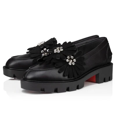 Mocasín Christian Louboutin Flora Moc Plano Flor Negro Cuero Napa Plataforma 38 Foto 1 de 4