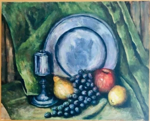 still life oil painting, 16"x20", pears, grapes, goblet & plate, Marge Cowles,95 - Picture 1 of 7
