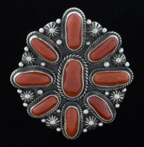 8.25 - High Grade Natural Momo Coral Cluster Ring By Navajo Artist Tyler Brown - Picture 1 of 4