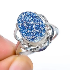 Titan Blau Achat Drusy 925 Sterling Silber Ring Größenverstellbar (30) - Bild 1 von 1