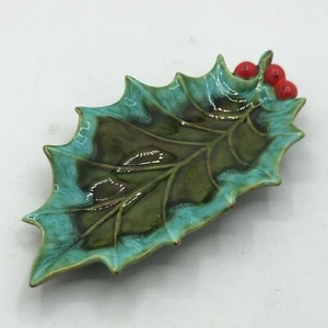 Mid Century Christmas Holly Leaf Berries Glazed Candy Dish Ceramic Holland Mold - Picture 1 of 7