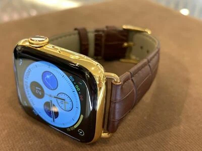 44mm Apple Watch Series 4 Stainless Steel Custom 24K Gold Plated Brown Leather B - Image 1 of 4