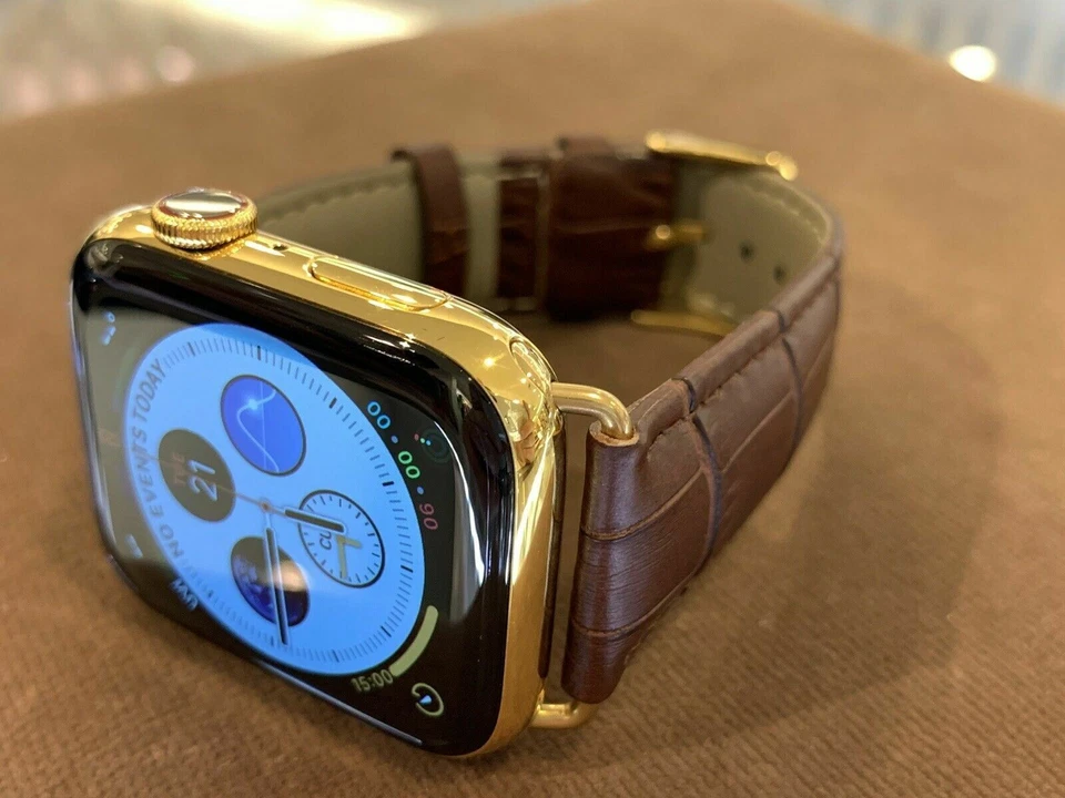 44mm Apple Watch Series 4 Stainless Steel Custom 24K Gold Plated Brown Leather B - Image 1 of 4