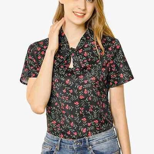 NWT Allegra K Women's Bow Tie Neck Short Sleeve Blouse Floral Size XS - Picture 1 of 6