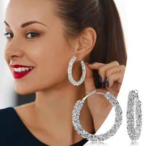 Ohrringe Damen Mode Glänzende Creolen Diamant Silber Zierliche Frauen Große Creolen - Bild 1 von 16