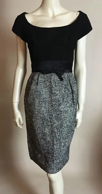 1960s True Vintage Black White Textured Cinch Waist Elegant Scoop Neck Dress S - Image 1 of 4