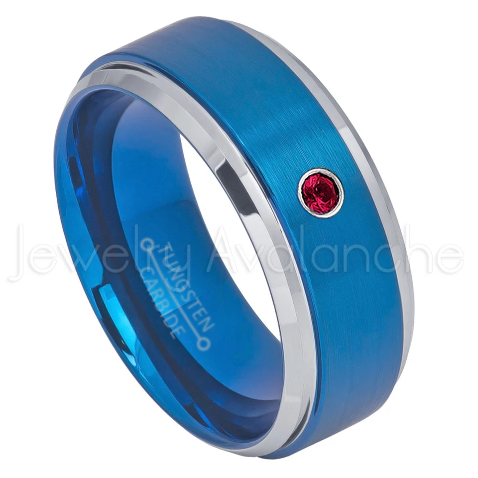 Anillo de tungsteno IP azul de 2 tonos, anillo de rubí de 0,07 quilates para hombre, anillo de piedra de nacimiento de julio #693 Foto 1 de 1