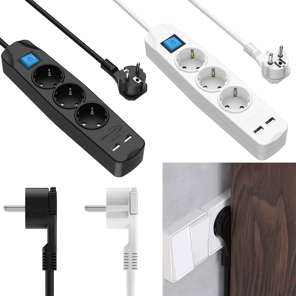 REDSTAR24 Steckdosenleiste 2x USB 3 Fach Mehrfachsteckdose Verlängerungskabel Flachstecker