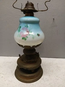 Antique Hand Painted Floral Oil Kerosene Lamp Brass Base w/P&A Burner  Parts  - Picture 1 of 20