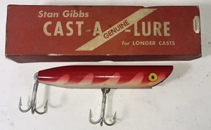 Vintage Wooden 6” Fishing Lure STAN GIBBS Red & White In Box Striped Bass - Picture 1 of 7