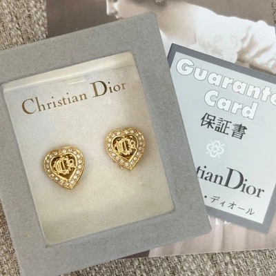 RARO Christian Dior CD Corazón Pendientes Chapados en Oro Estrás De Colección Mujeres Auténticos Foto 1 de 4