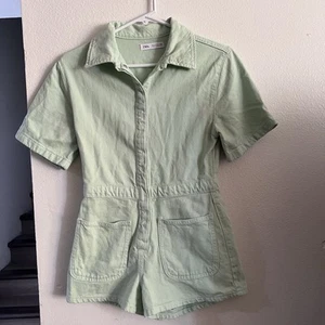 Mint Green Zara  Denim Jumpsuit Romper Shorts - Picture 1 of 3