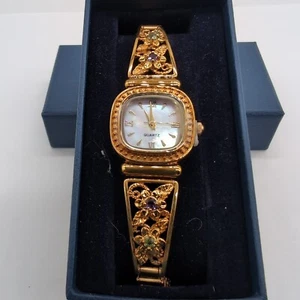Danbury Mint Floral Stretch Watch Gold Tone Floral Amethyst Peridot New Open Box - Picture 1 of 12