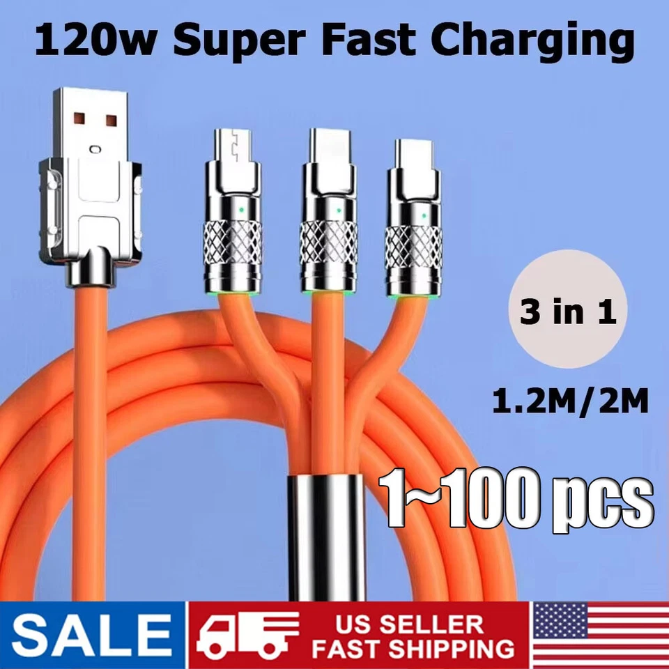 3in1 Fast Charging Cable Cell Phone Charger Cord For iPhone Type C Micro USB lot - Image 1 of 4