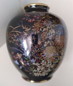Ginger Jar Vase Imperial Kiku Black Gold Gilted Florals Hand Painted 6 3/4"