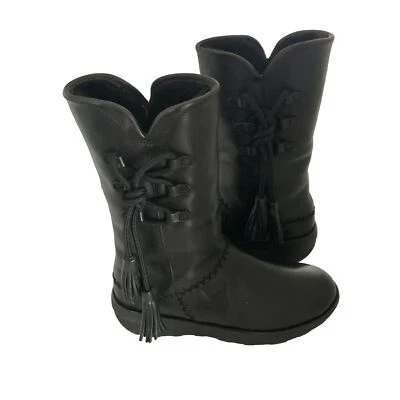 FITFLOP Black Leather Shearling Tassel Mid-Calf Wedge Boots US 5 NEW - Image 1 of 4