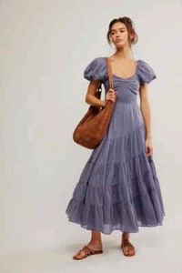 Free People Sundrenched Short-Sleeve Maxi Dress M 8 Tiered Blue Cotton NEW 42306 - Picture 1 of 8