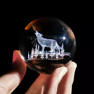 60Mm Wolf Crystal Ball with Stand 3D Laser Engraved Decorative Glass Sphere Pape - Picture 1 of 12