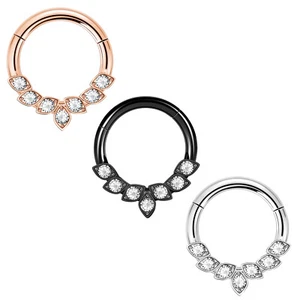 16G Surgical Steel 7-CZ Gem Hinged Segment Nose Hoop Septum Ear Piercing Ring - Picture 1 of 12