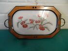 Vintage Wooden & Glass Topped Vanity Tray w/ Embroidered Flowers & Brass Handles