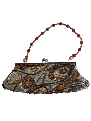 MINI MONEDERO CON CUENTAS Y LENTEJUELAS MARRÓN, DORADO Y CLUTCH BRONCE OCASIÓN ESPECIAL Foto 1 de 4