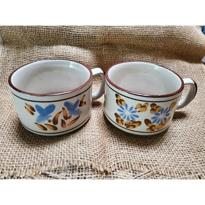 Cuencos de Sopa, Gres Floral Borde Marrón Boho Años 70 Decoración de Cocina (Juego de 2) Foto 1 de 4