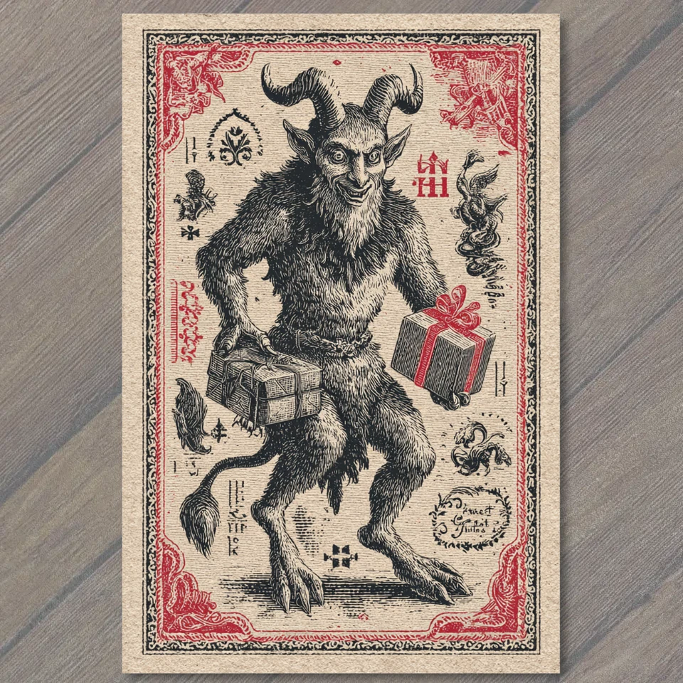POSTCARD Krampus Carrying Gifts Gothic Devil Christmas Myth Holiday Demon Print - Image 1 of 1