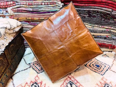 Boho 30'' Brown Footrest Square Moroccan Ottoman Leather Footstool Unstuffed - Image 1 of 4