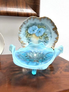 Vintage Northwood Klondike Blue Opalescent Ruffled Footed Bowl Dish - Picture 1 of 8