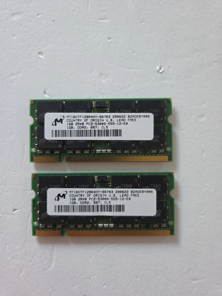 2x Micron 1GB DDR2 PC2-5300S Laptop RAM (MT16HTF12864HY-667B3) - Image 1 of 1