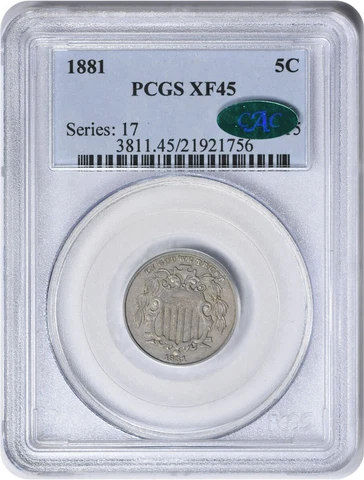 1881 Shield Nickel EF45 PCGS (CAC) Cover