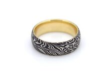 DAMASCUS Steel Comfort-Fit Wedding Band Domed with 14K Yellow Gold Liner