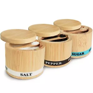 Salt Box 3pcs Spice Cellar With Swivel Lid And Spoons Small Bamboo Sugar Pepper  - Picture 1 of 6