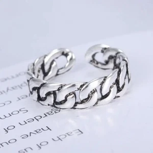 Mens Silver Ring Band Stainless Steel Cuban Link Chain Jewelry Adjustable Gift - Picture 1 of 3