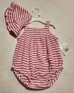 NWT Little Me Pink Striped Terry Bubble Romper Hat Set Baby Girl - Picture 1 of 1