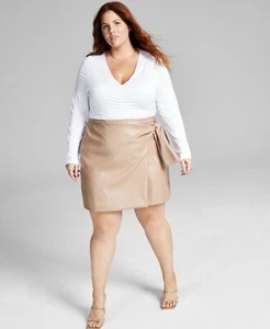 And Now This Womens Plus Size 2X Faux Leather Mini Faux Wrap Skirt In Almond - Picture 1 of 3