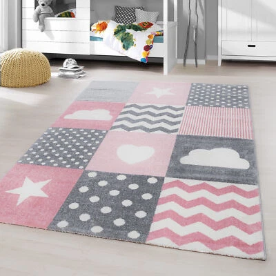 Kurzflor Kinderteppich Herz Stern Wolke Punkte Soft Babyzimmerteppich Grau Pink - Bild 1 von 4