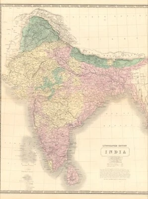 Mapa de la India 1845 por A.K. Johnston ~ 25.8" x 21.2" Antiguo Color Pastel - Enorme Foto 1 de 4