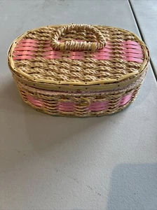 Wicker, Plastic, Wood Oval Pink Sewing Basket Vintage With Supplies - Picture 1 of 7
