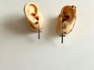 Cross Stud Post with Cross Chain Cuff Earrings Jewelry Piercing Req'd Unique - Picture 1 of 4