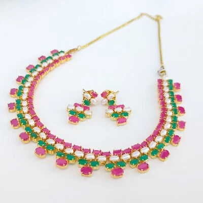 Collar de perlas y rubí de joyería india, collar chapado en oro del sur de la India Foto 1 de 4