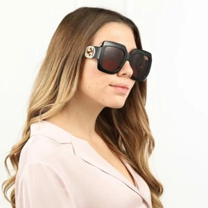 Gucci GG1022S 005 Black Brown Square Chain Women Sunglasses NEW - Picture 1 of 14
