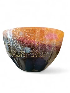Vtg Mtarfa Glass Orange Black Pink And Blue With Gold Leaf Bowl Hand Blown Malta - Picture 1 of 7