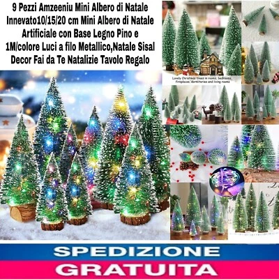 9pz Mini Albero di Natale Innevato10/15/20 cm Con 1 Metro Di Filo A LED Colorato - Immagine 1 di 4