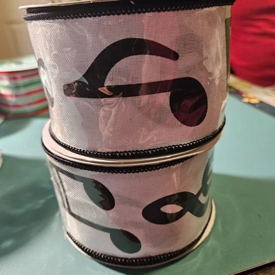 2 Rolls RG Ribbon White with Black Music Notes Dots Wired Ribbon - Image 1 of 3