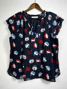 LOFT Daisy Button Tie Neck Top Short Sleeve Size XL Navy Blue - Picture 1 of 9